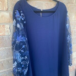 C est 1946 Navy Blue Blouse with Embroidered Sheer Sleeves – Size 22w/24w